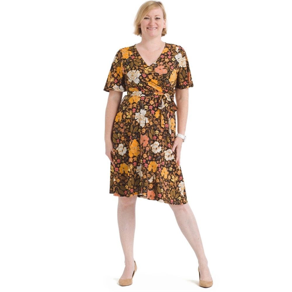 Donna Morgan Floral Wrap Dress Plus Size 18W Brown Orange Yellow Knee Length NEW